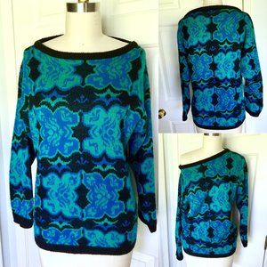 1980s Sweater Abstract Oversized 80s Jumper pullover Blue Black Green